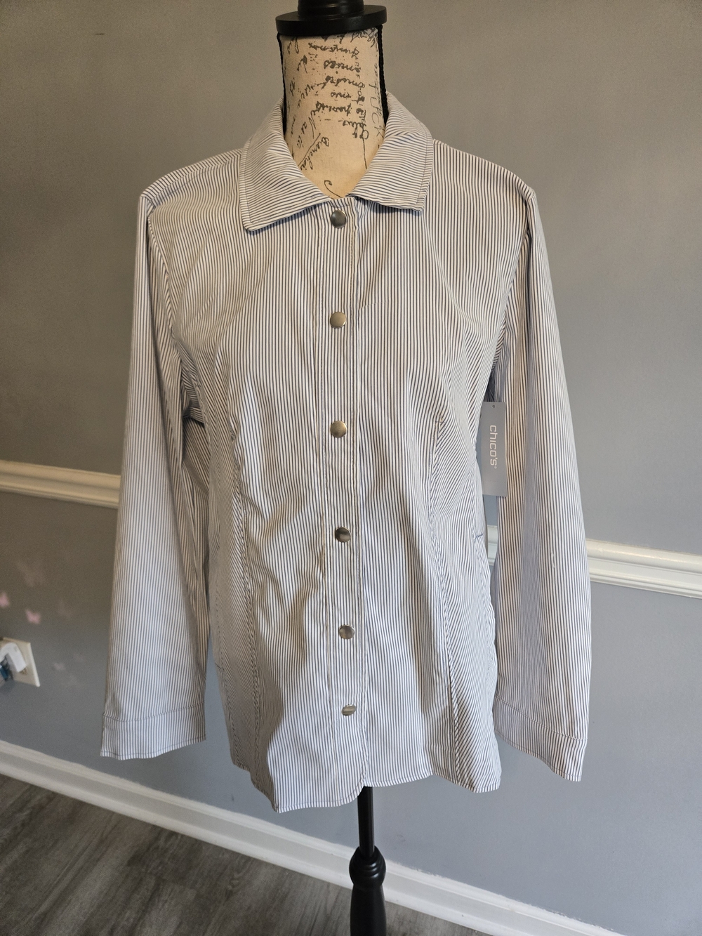 Chico's White & Navy Stripe Lightweight Button Jacket